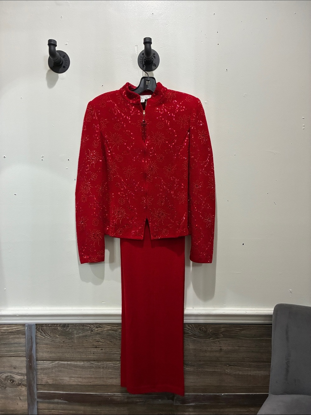 St. John Collection Red Embellished Blazer and Skirt Set
